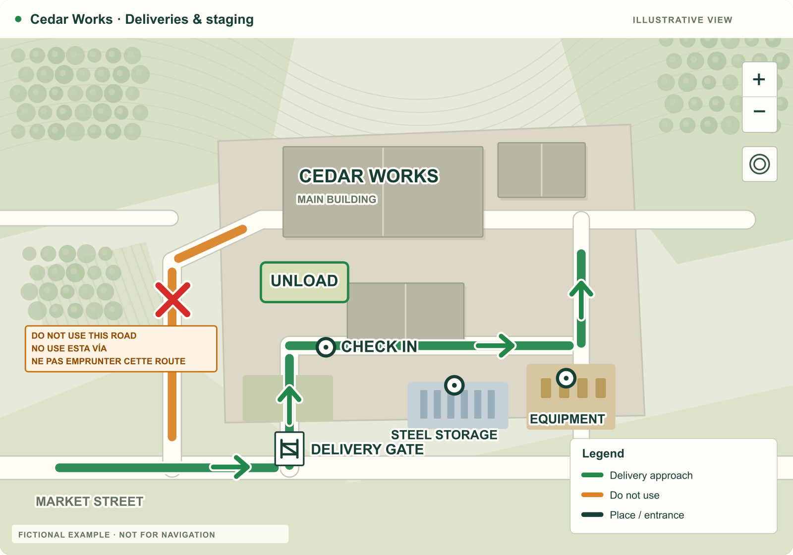 Illustrated construction map showing delivery check-in, equipment staging and unloading areas.