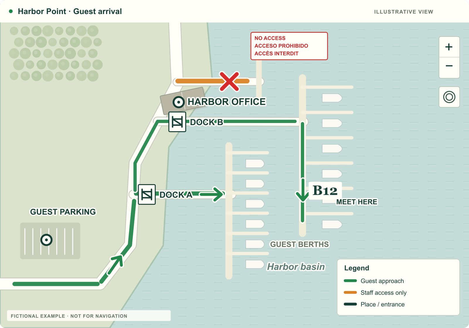 Illustrated marina map with guest parking, a harbor office, marked piers and a berth meeting point.