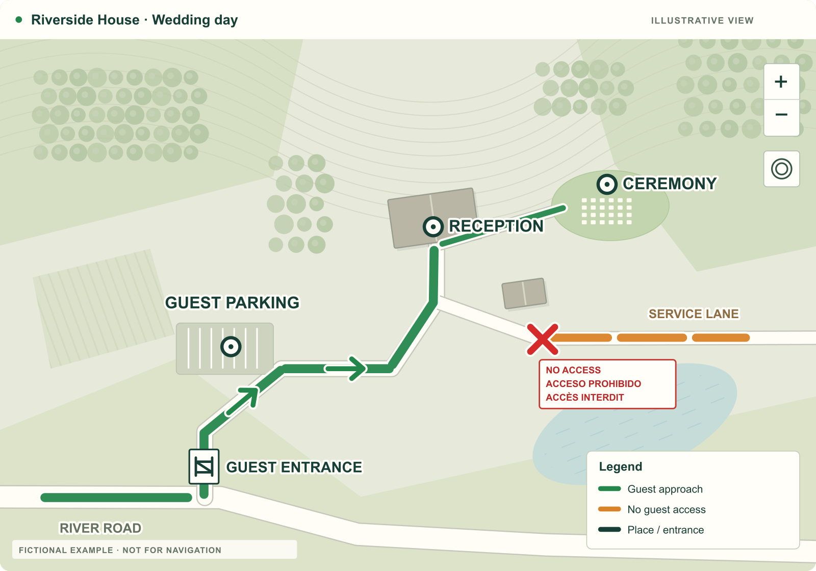 Illustrated wedding map with guest arrival, parking, a ceremony lawn and reception.